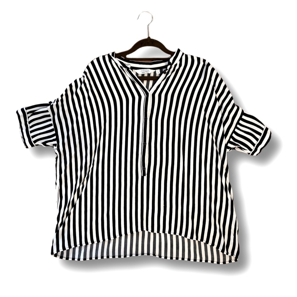 & Other Stories navy blue & white striped, short sleeve blouse with buttons